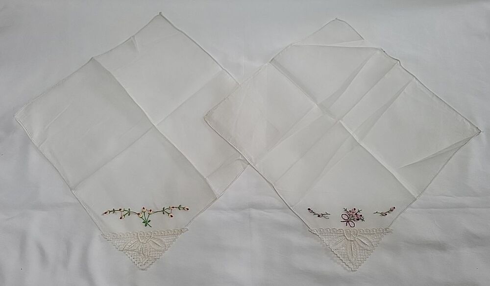 2 Vintage Linen Heirloom Wedding Hankie Handkerchief Hand Embroidered White 60s